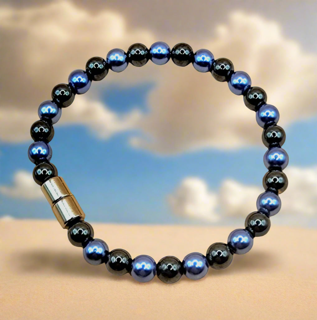 HEMATITE MAGNETIC BRACELET WITH METALIC PINK/BLUE BEADS