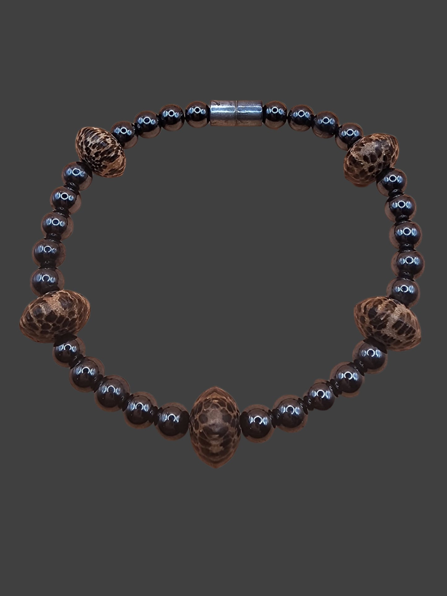 HANDMADE BEADED BRACELET WITH MAGNETIC HEMATITE AND WOOD BEADS