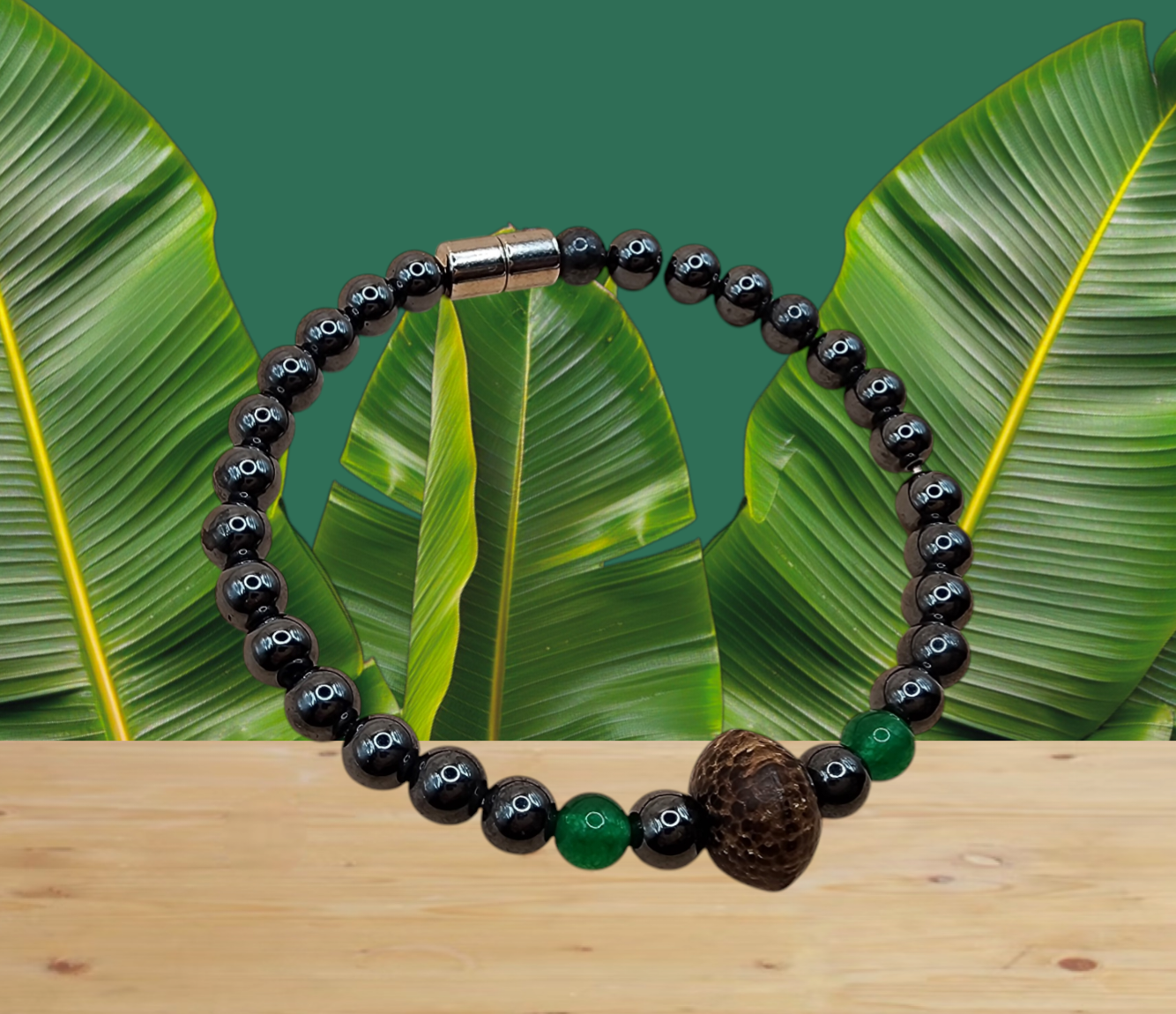 HANDMADE BEADED BRACELET WITH HEMATITE / WOOD & GEMSTONES.