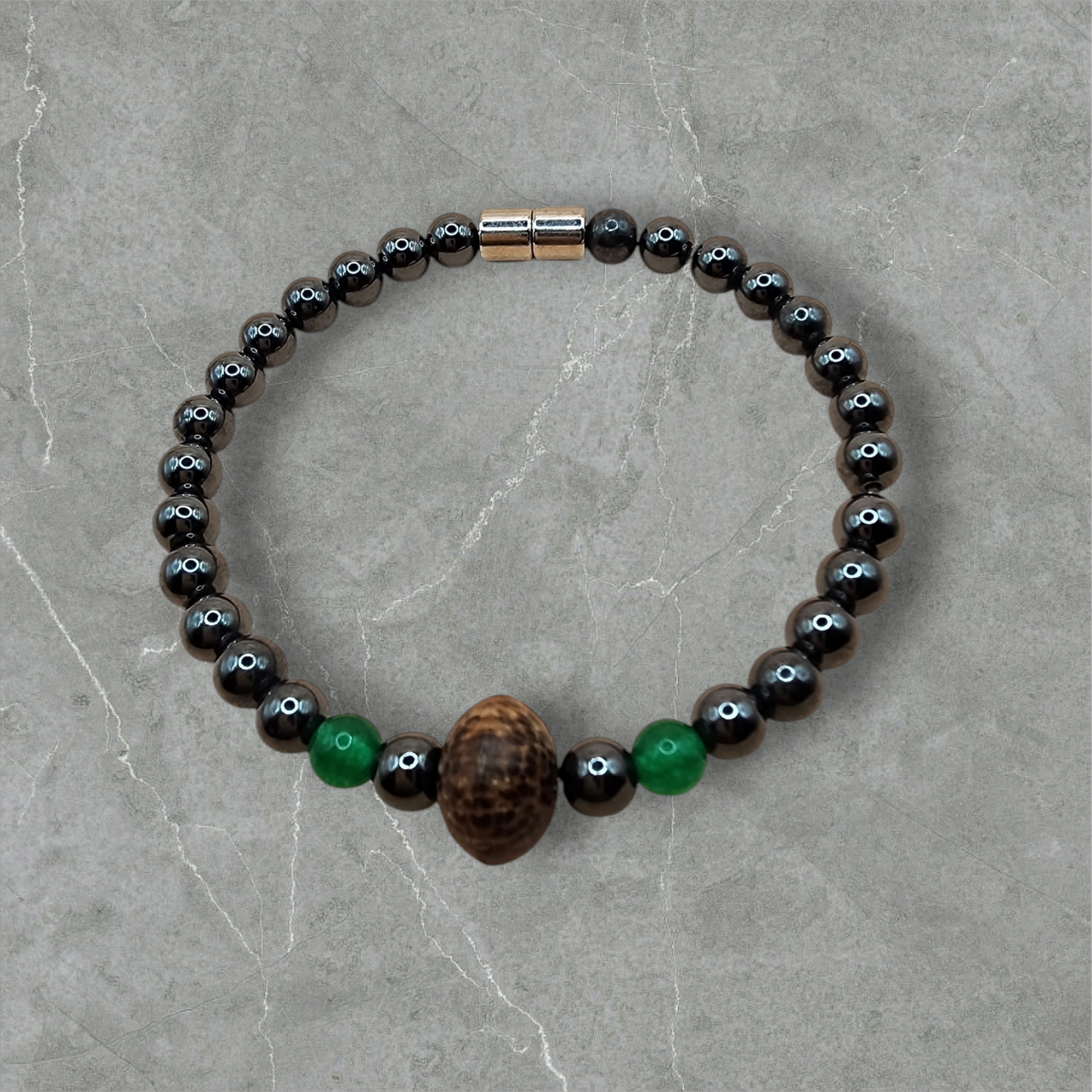 HANDMADE BEADED BRACELET WITH HEMATITE / WOOD & GEMSTONES.