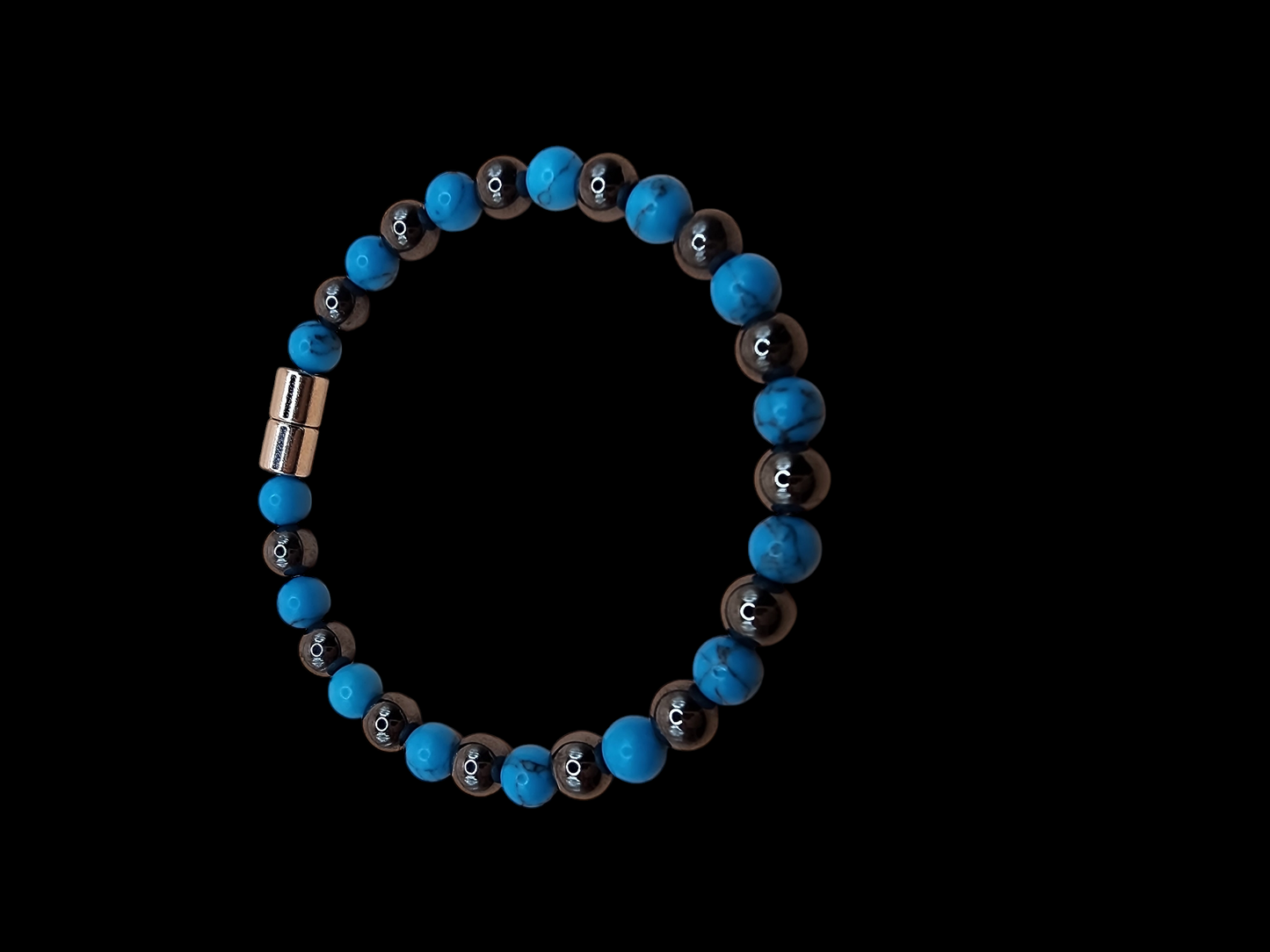SINGLE STRAND BRACELET WITH MAGNETIC HEMATITE AND BLUE TURQUOISE BEADS