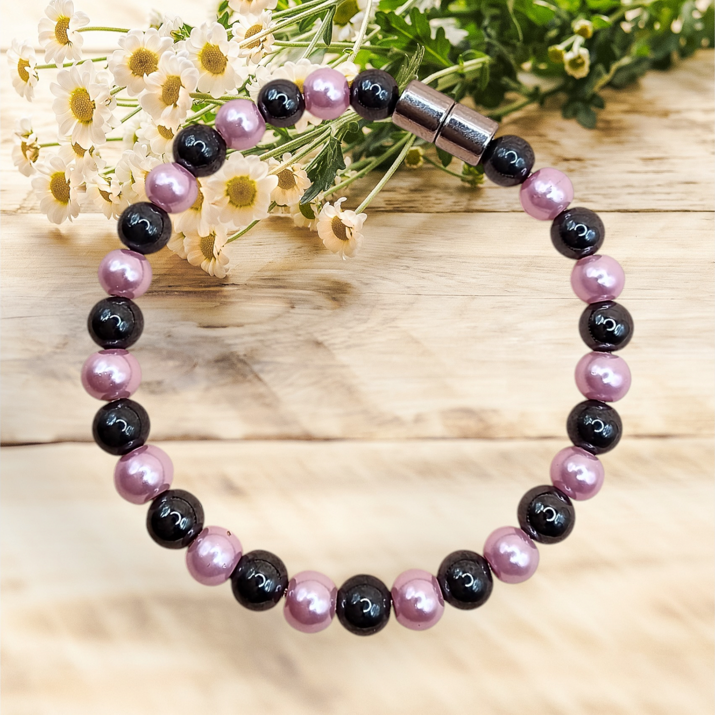 HEMATITE MAGNETIC BRACELET WITH METALIC PINK/BLUE BEADS