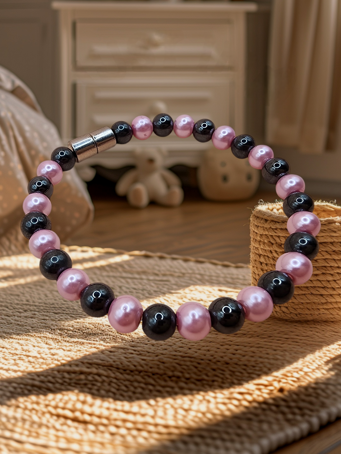 HEMATITE MAGNETIC BRACELET WITH METALIC PINK/BLUE BEADS