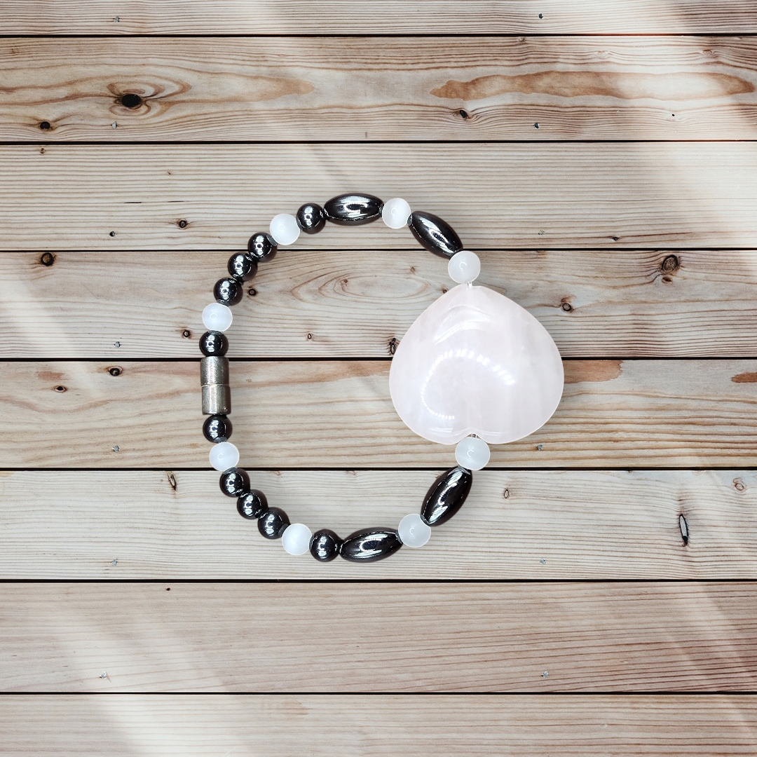 MAGNETIC HEMATITE ROSE QUARTZ BEADED BRACELET AND ROSE QUARTZ HEART STONE FOR WOMEN