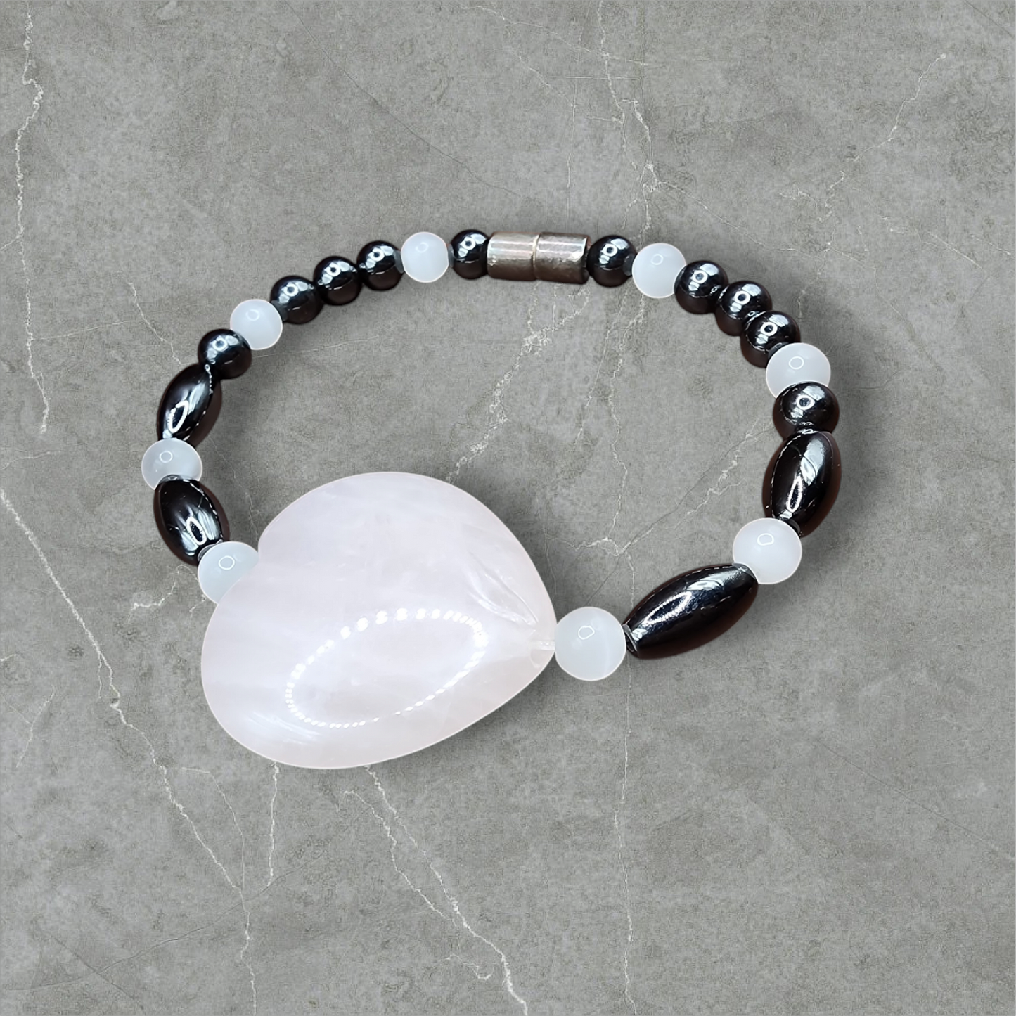 MAGNETIC HEMATITE ROSE QUARTZ BEADED BRACELET AND ROSE QUARTZ HEART STONE FOR WOMEN