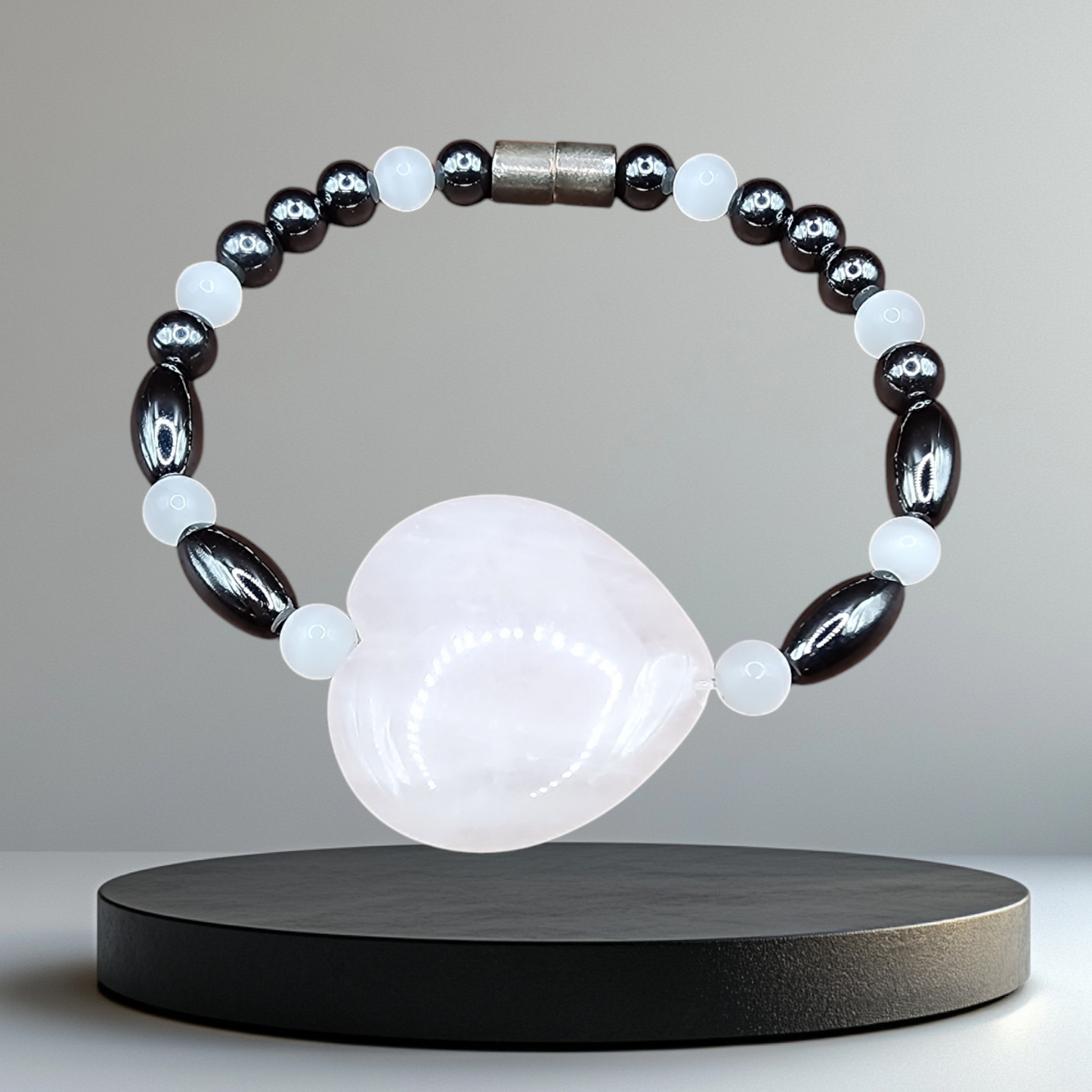 MAGNETIC HEMATITE ROSE QUARTZ BEADED BRACELET AND ROSE QUARTZ HEART STONE FOR WOMEN