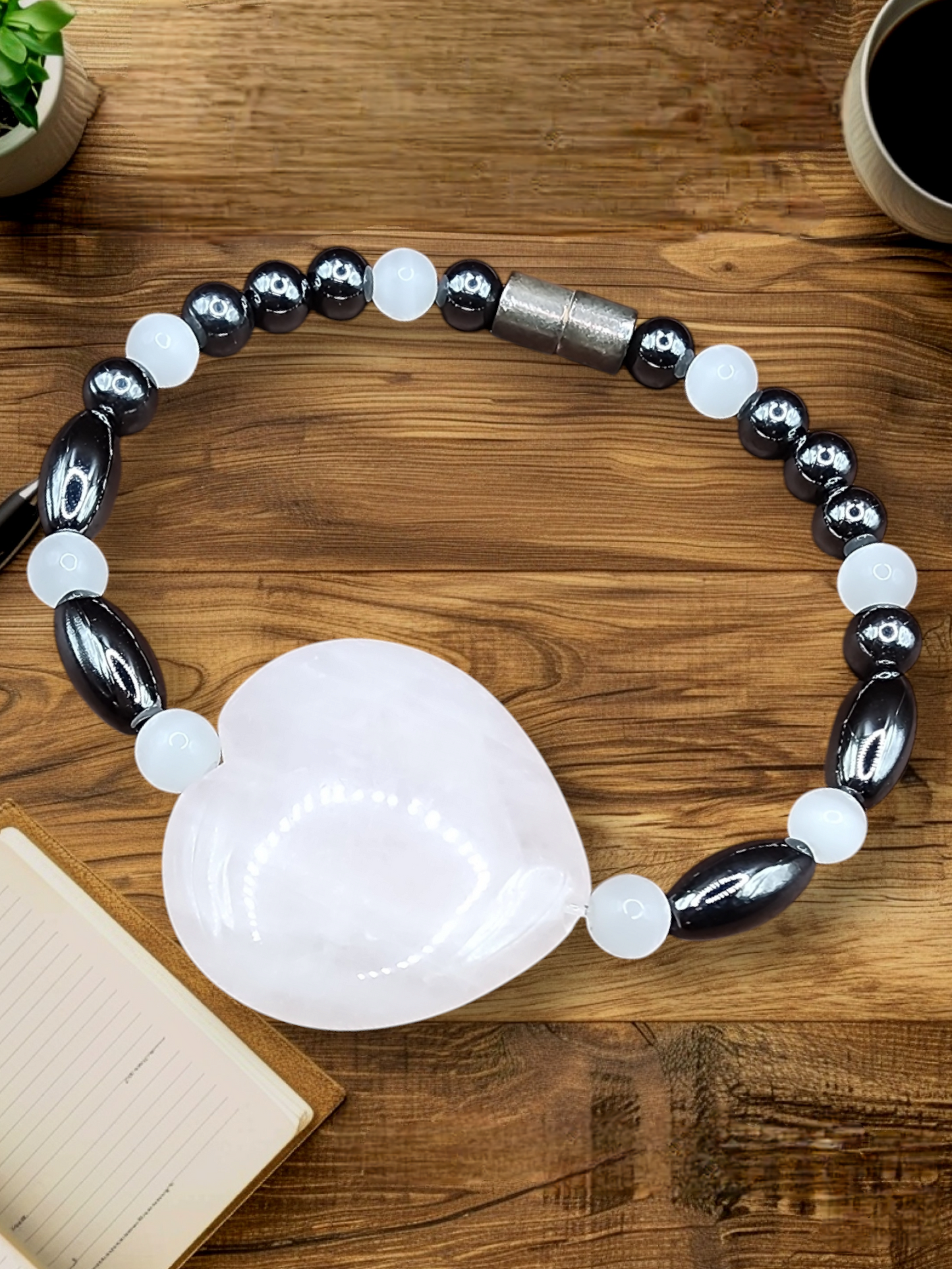 MAGNETIC HEMATITE ROSE QUARTZ BEADED BRACELET AND ROSE QUARTZ HEART STONE FOR WOMEN