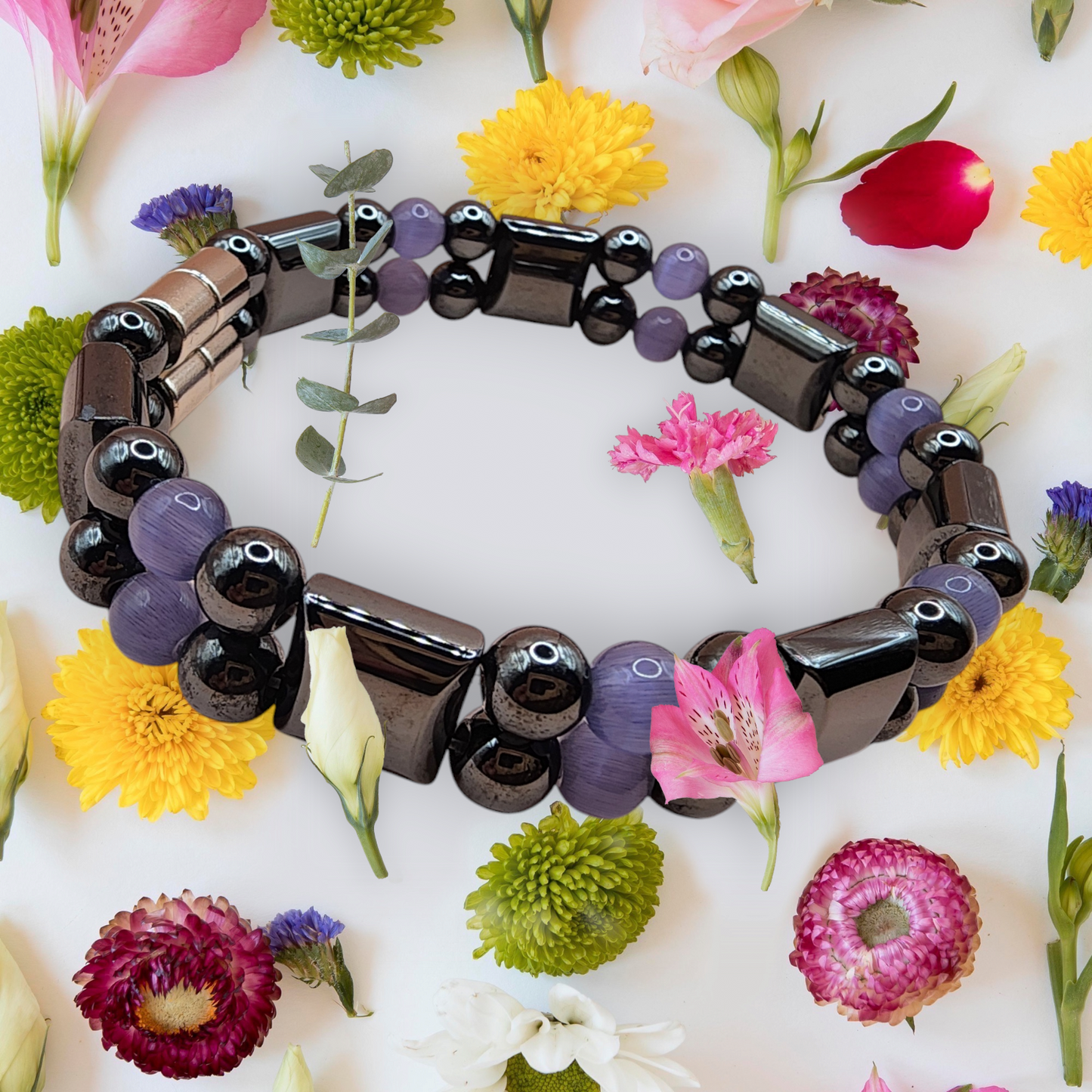 DOUBLE STRAND HEMATITE MAGNETIC BRACELET WITH PURPLE BEADS