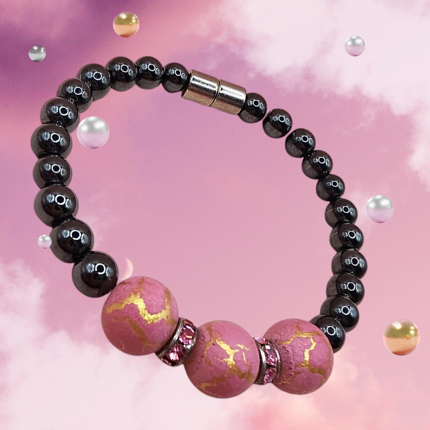 HEMATITE MAGNETIC BRACELET WITH PINK/GOLD ROUND BEADS & PINK RHINESTONES SPACERS