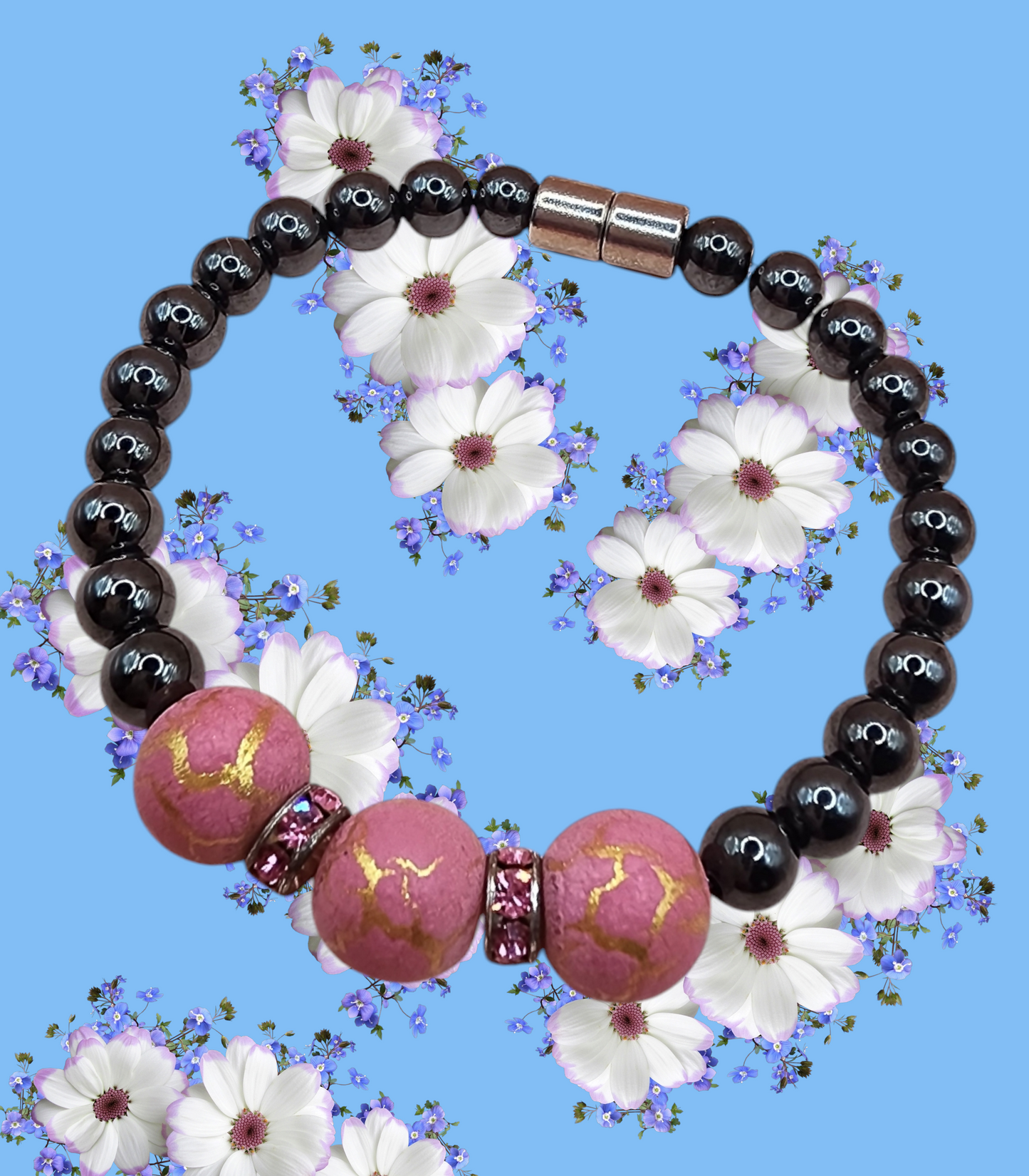 HEMATITE MAGNETIC BRACELET WITH PINK/GOLD ROUND BEADS & PINK RHINESTONES SPACERS