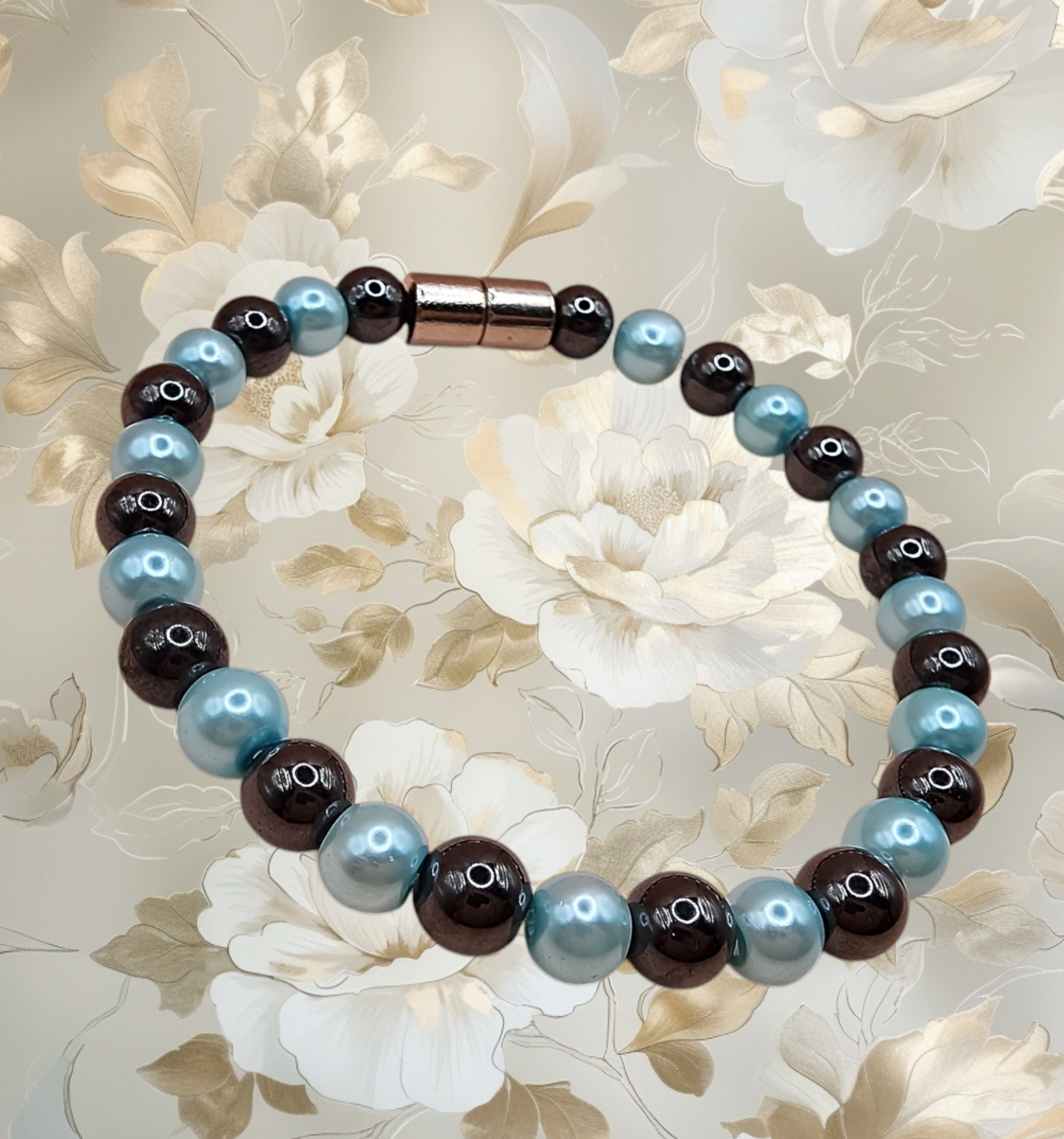 HEMATITE MAGNETIC BRACELET WITH METALIC PINK/BLUE BEADS