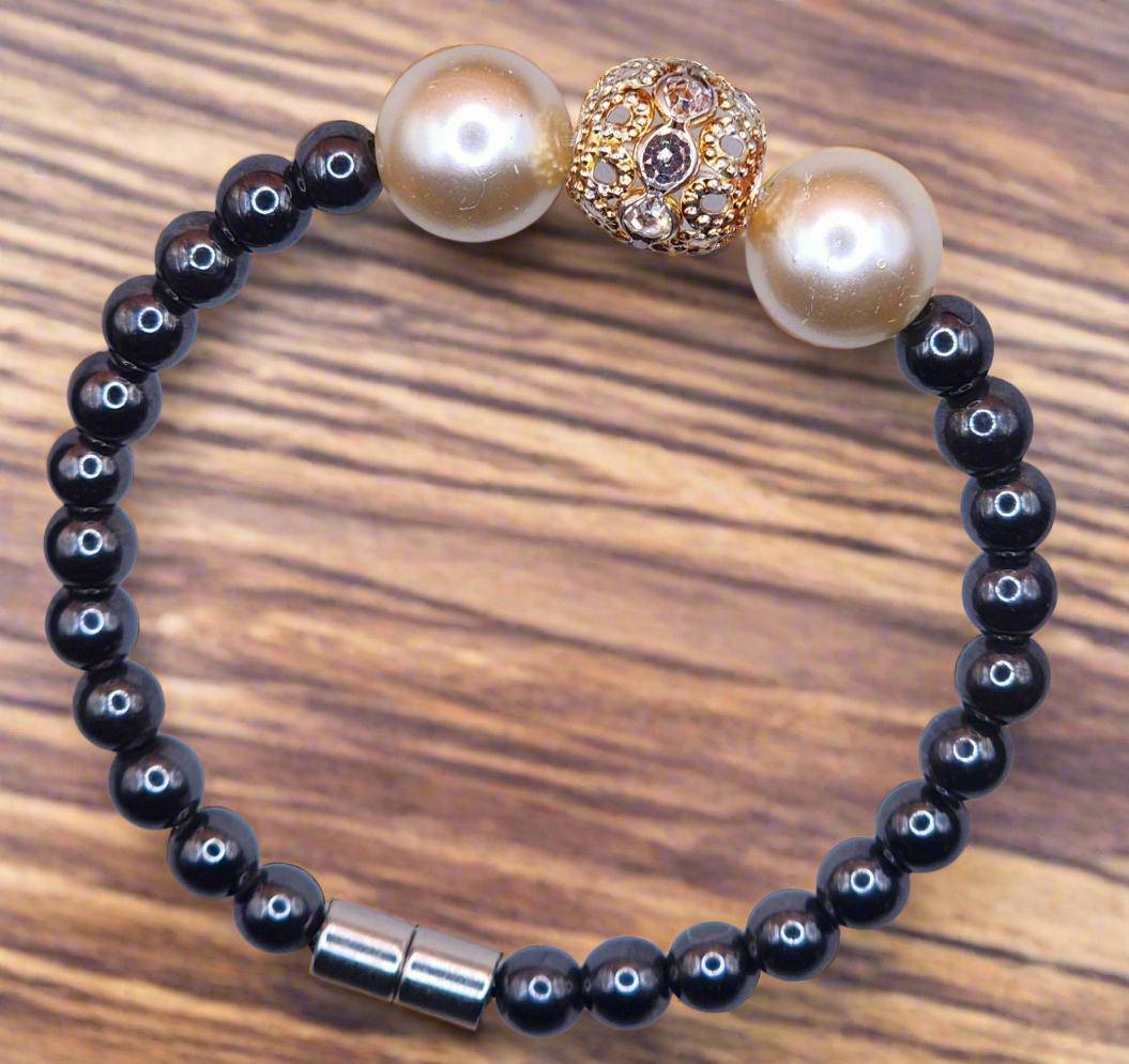 HEMATITE MAGNETIC BRACELET WITH WHITE RHINESTONE BALL BEAD