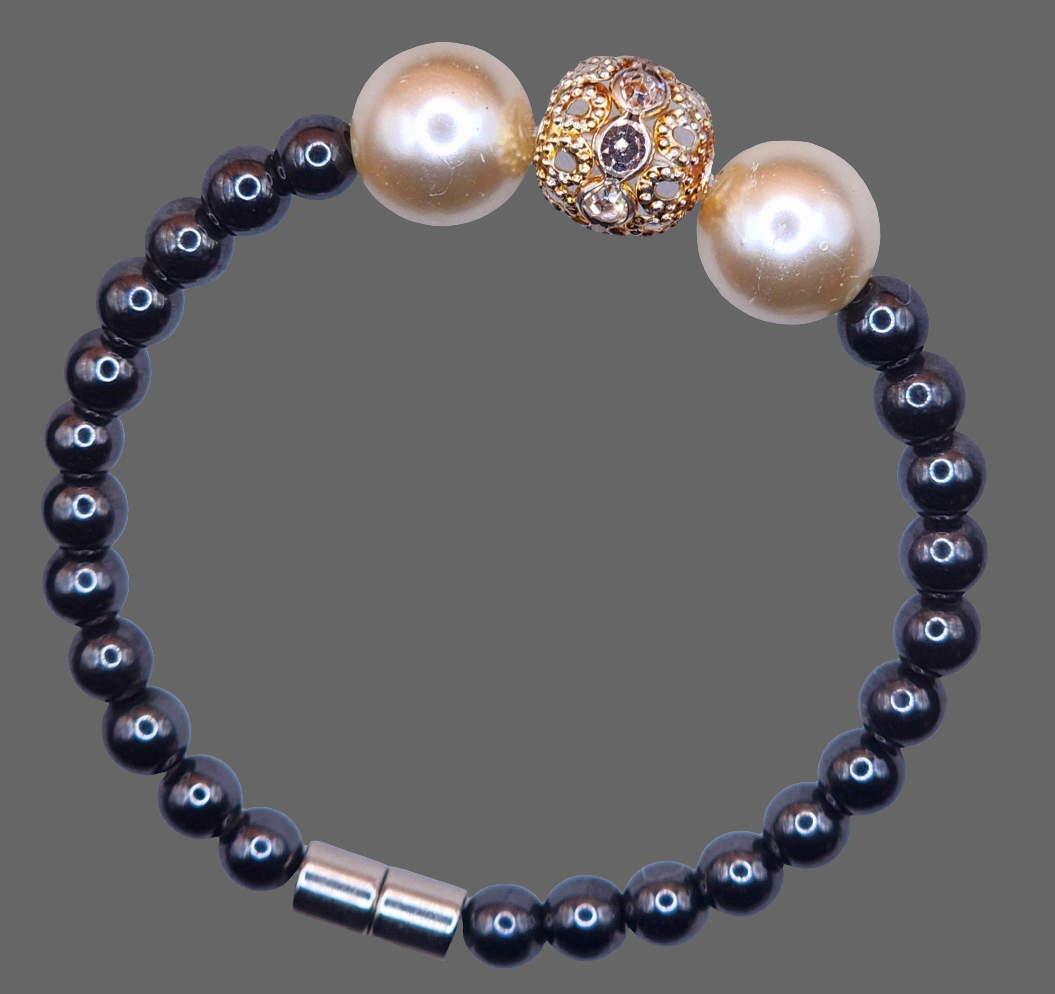 HEMATITE MAGNETIC BRACELET WITH WHITE RHINESTONE BALL BEAD