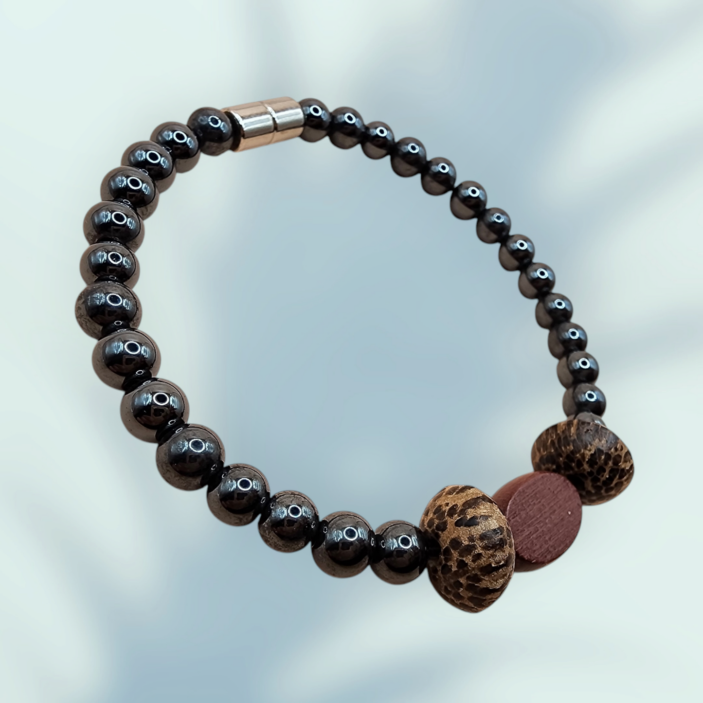 HANDMADE SINGLE STRAND WOOD BRACELET WITH HEMATITES MAGNETIC BEADS