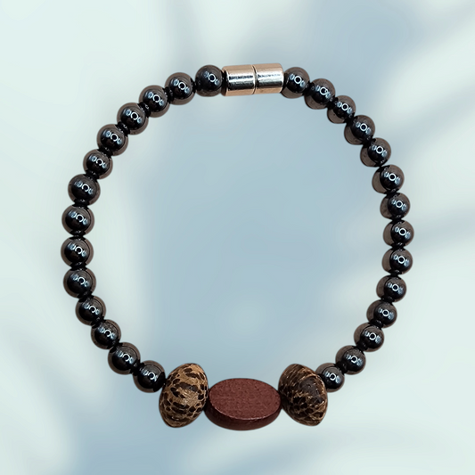 HANDMADE SINGLE STRAND WOOD BRACELET WITH HEMATITES MAGNETIC BEADS