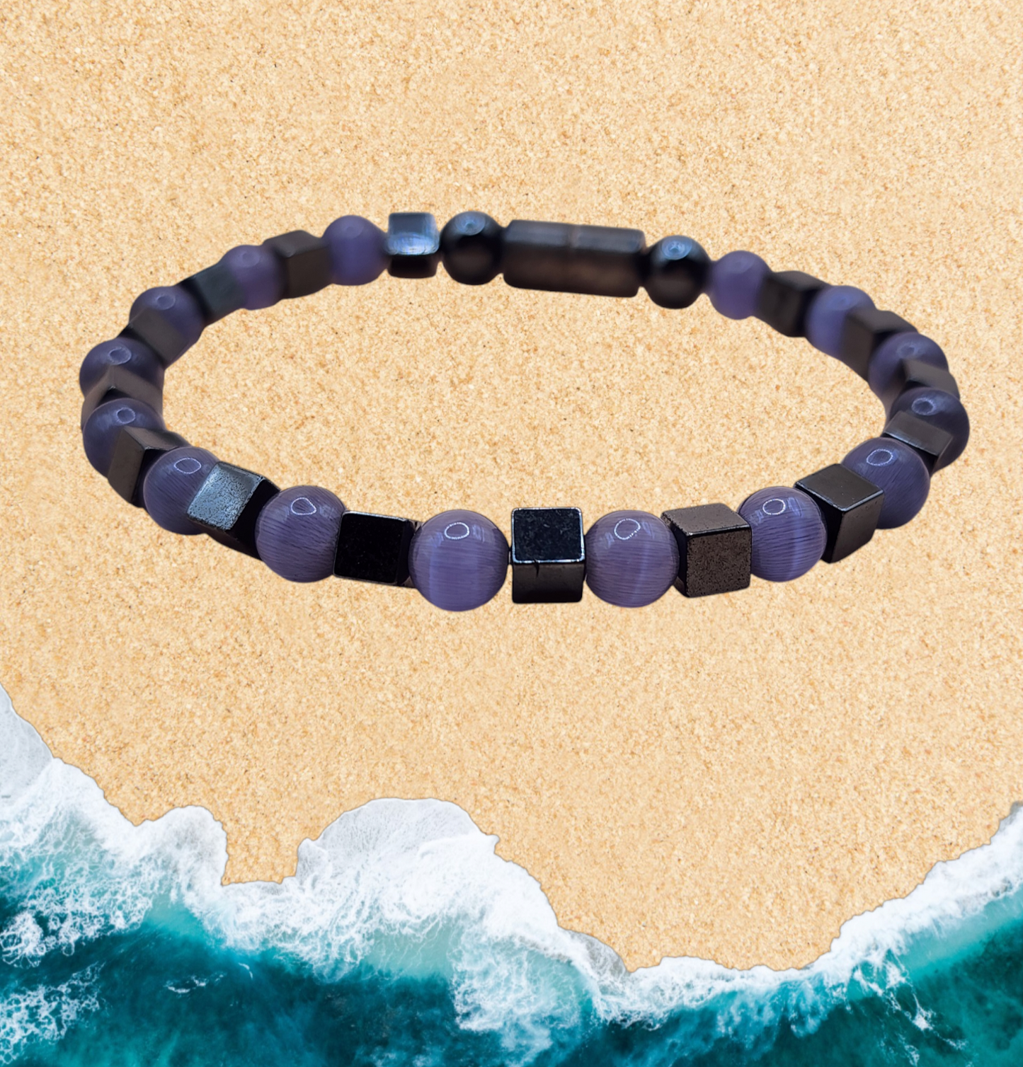 HANDMADE SINGLE STRAND MAGNETIC BRACELET WITH PURPLE GEMSTONE BEADS AND HEMATITE CUBE BEADS