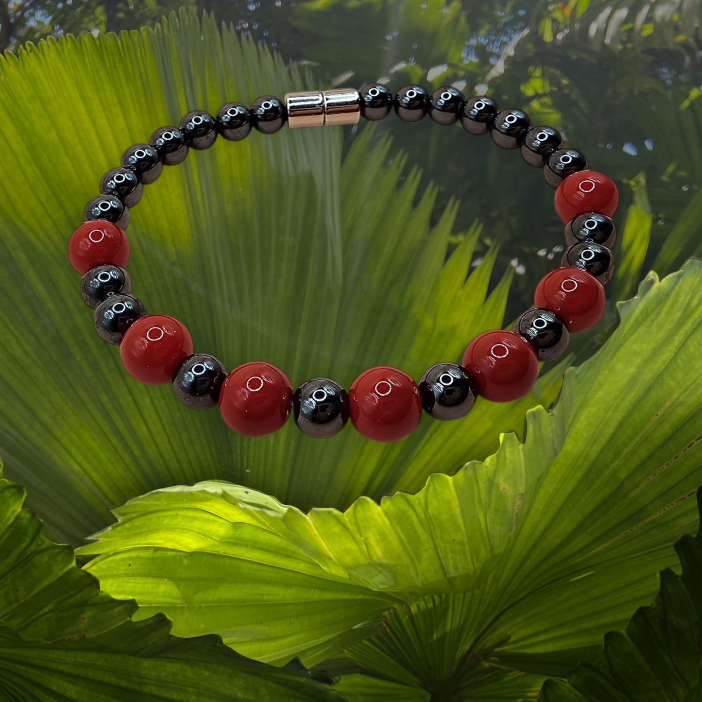 HEMATITE MAGNETIC BRACELET WITH RED GEMSTONES