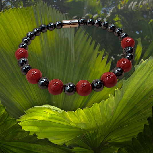 HEMATITE MAGNETIC BRACELET WITH RED GEMSTONES