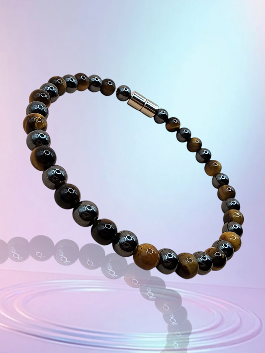 SINGLE STRAND BRACELET WITH MAGNETIC HEMATITE AND CAT EYE GEMSTONE