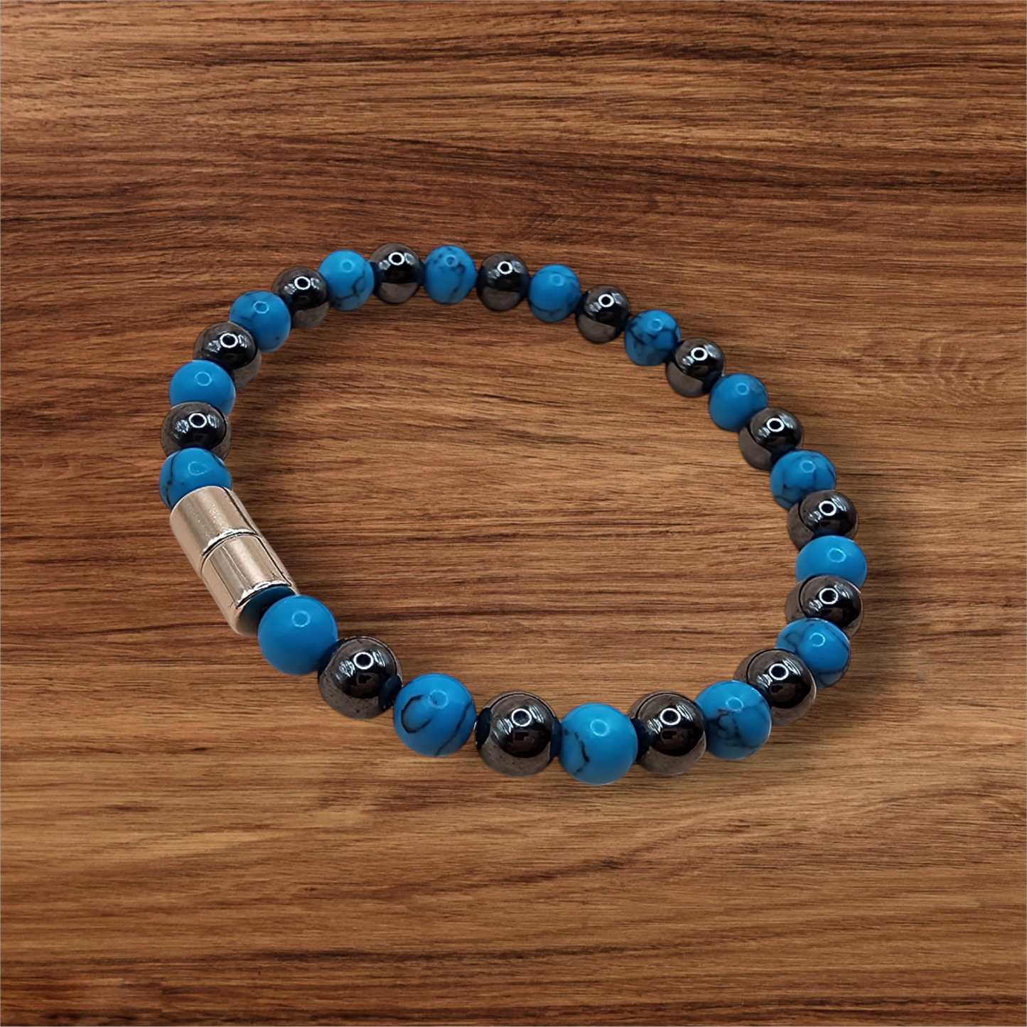 SINGLE STRAND BRACELET WITH MAGNETIC HEMATITE AND BLUE TURQUOISE BEADS