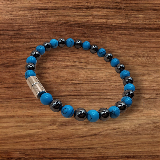 SINGLE STRAND BRACELET WITH MAGNETIC HEMATITE AND BLUE TURQUOISE BEADS