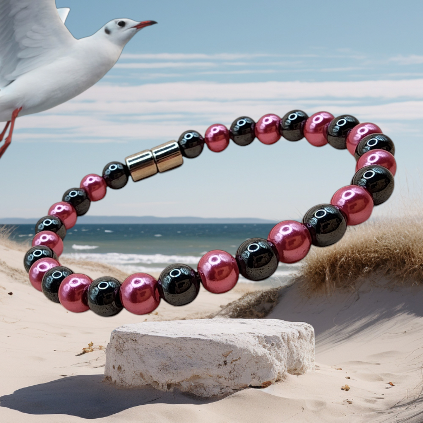 HEMATITE MAGNETIC BRACELET WITH METALIC PINK/BLUE BEADS