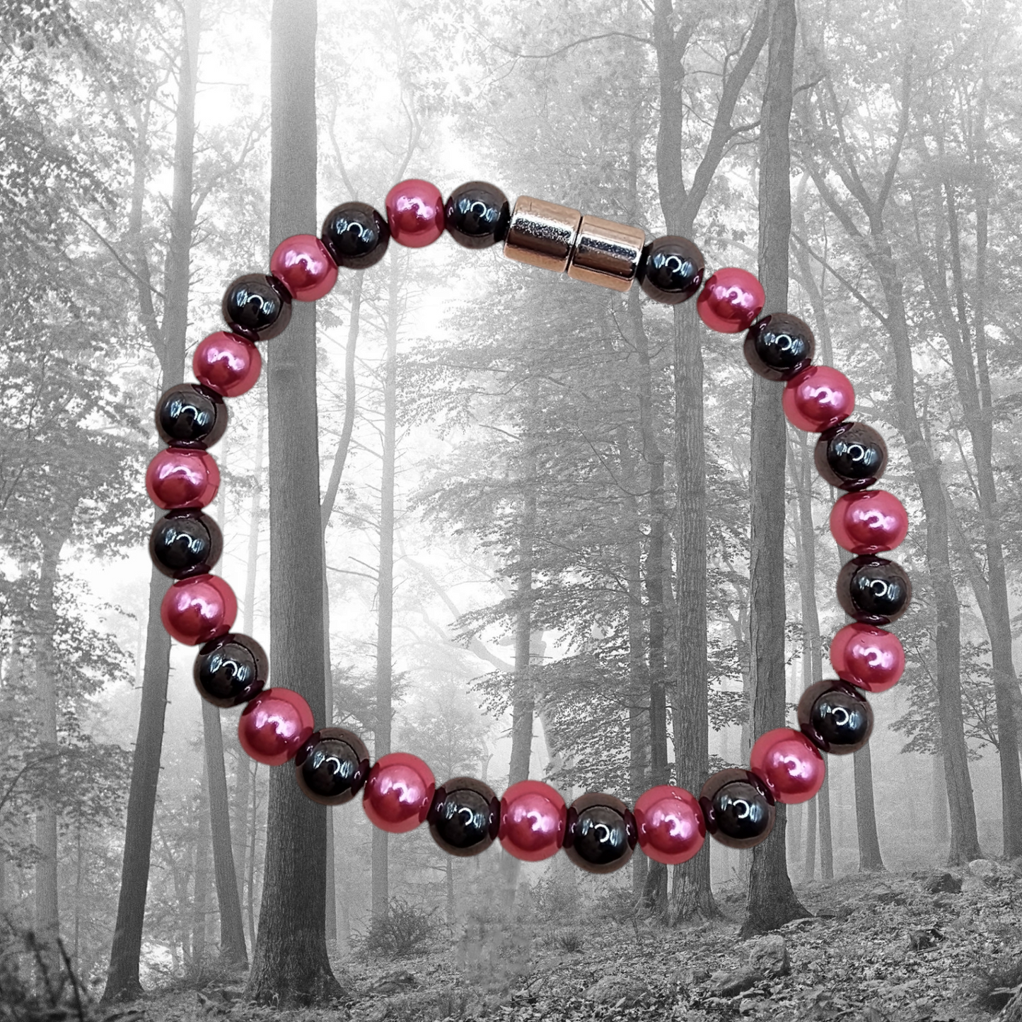 HEMATITE MAGNETIC BRACELET WITH METALIC PINK/BLUE BEADS
