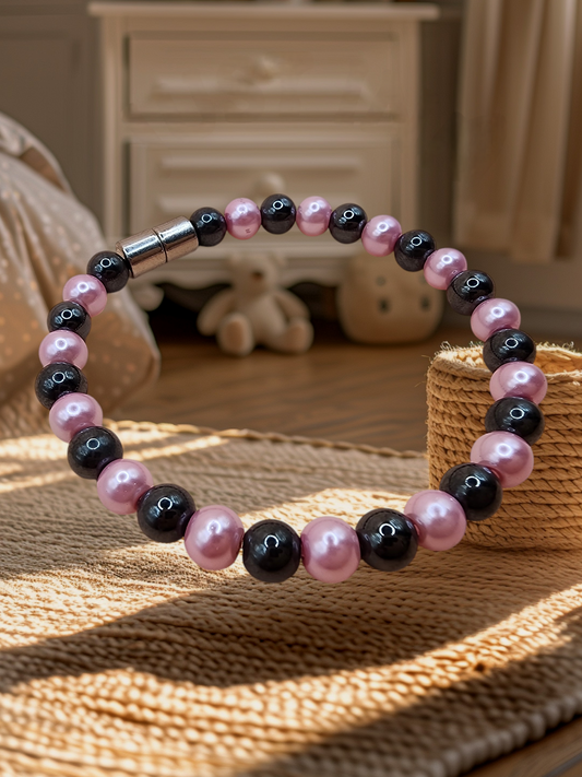 HEMATITE MAGNETIC BRACELET WITH METALIC PINK/BLUE BEADS