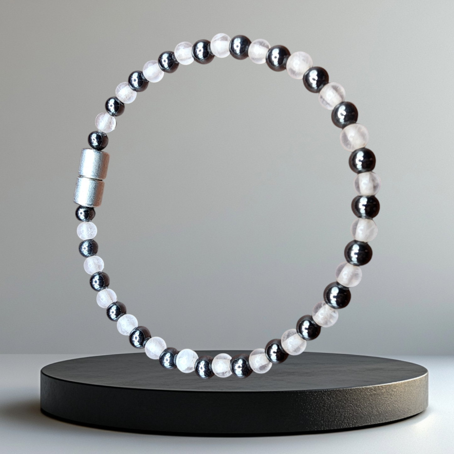 HEMATITE MAGNETIC BRACELET WITH CLEAR QUARTZ