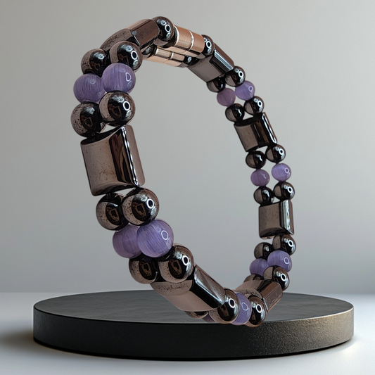 DOUBLE STRAND HEMATITE MAGNETIC BRACELET WITH PURPLE BEADS