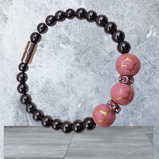 HEMATITE MAGNETIC BRACELET WITH PINK/GOLD ROUND BEADS & PINK RHINESTONES SPACERS
