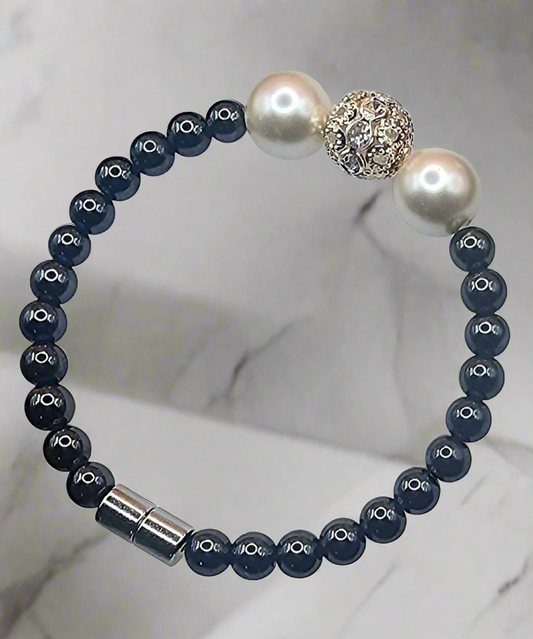 HEMATITE MAGNETIC BRACELET WITH WHITE RHINESTONE BALL BEAD